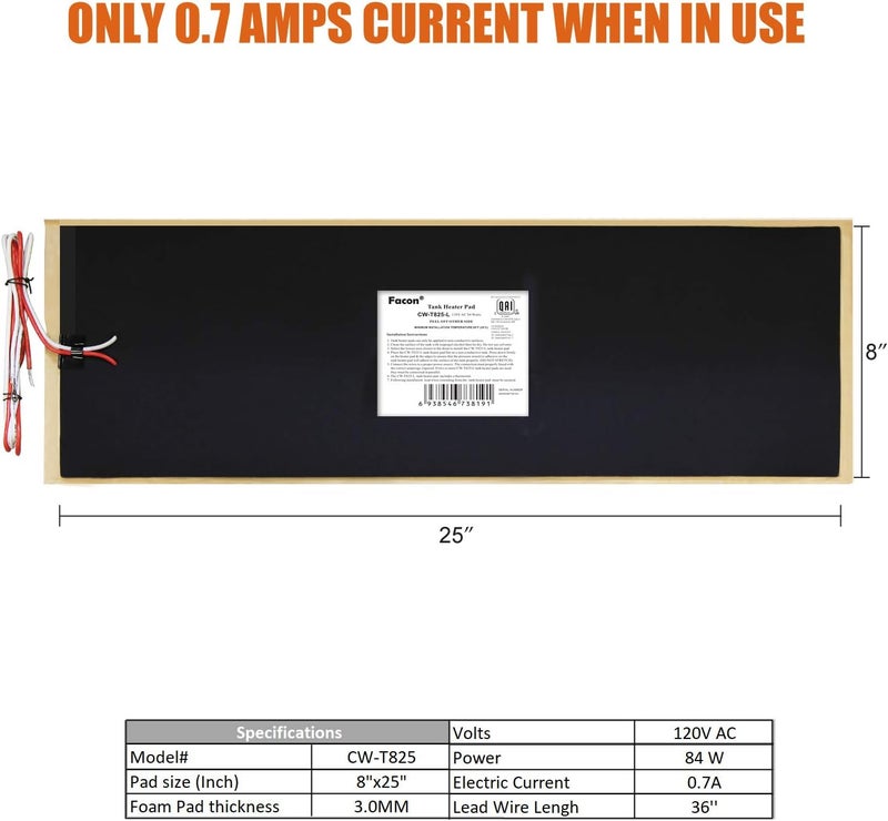 FACON 8.0"x25" RV Tank Heater Pad with Automatic Thermostat Control, Up to 50 Gallons Fresh Water/Grey Water/Black Water holding Tank Heating Pad, 120Volts AC - Image 3